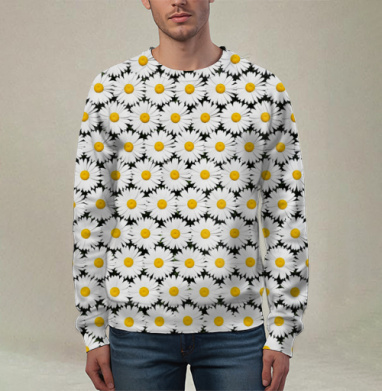 White Daisies Seamless Pattern / Бесшовный узор белые ромашки поле цветы, Свитшот мужской 3D
