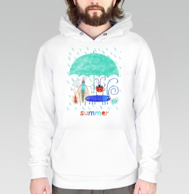 Насекомые под зонтом в летнем дожде summer, Толстовка белая Regular, утепленная