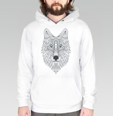 Волк с узорами в стиле зентангл черно-белый мир узоров, Толстовка белая Regular, утепленная