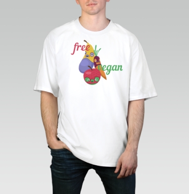 Весёлые веганские герои: Free Vegan, Футболка / Мужчинам / Оверсайз / Белая / C принтом