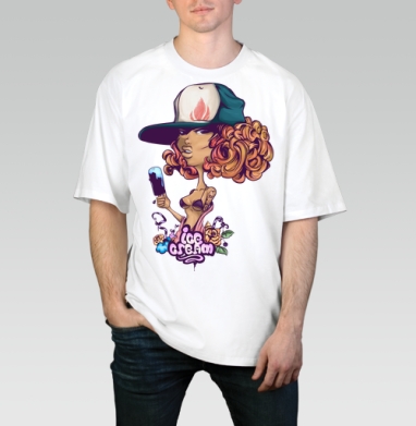 Дерзкая девушка с мороженым в стиле граффити, Футболка / Мужчинам / Оверсайз / Белая / C принтом