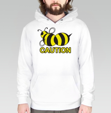 Стильная наклейка пчела с надписью CAUTION, Толстовка белая Regular, утепленная