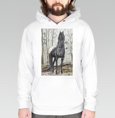Черно белый конь в лесу появляется исчезает, Толстовка белая Regular, утепленная