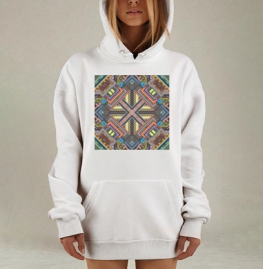 Геометрическая симметрия с абстрактными зигзагами на сложном орнаменте, Hoodie Mjhigh Dig, оверсайз, утепленная