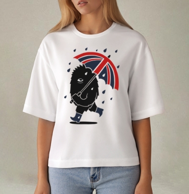 Милый лохматый монстрик с зонтом Union Jack, Футболка женская оверсайз Mido