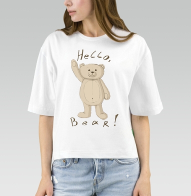 Нежный винтажный эскиз плюшевого мишки с надписью Hello Bear Привет Мишка Друг, Футболка женская оверсайз Mido