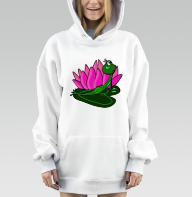 Зеленая лягушка у розового цветка на листе кувшинки, Hoodie Mjhigh Dig, оверсайз, утепленная