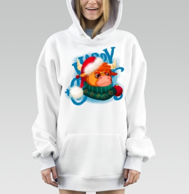 Новогодний бычок с шарфом и колпаком символ 2021 года, Hoodie Mjhigh Dig, оверсайз, утепленная