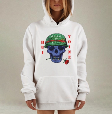 Синий череп с зелёным шлемом и красной розой в зубах войны, Hoodie Mjhigh Dig, оверсайз, утепленная