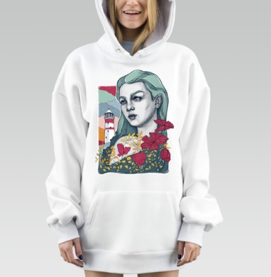 Созерцательная женщина с красными цветами на фоне маяка, Hoodie Mjhigh Dig, оверсайз, утепленная
