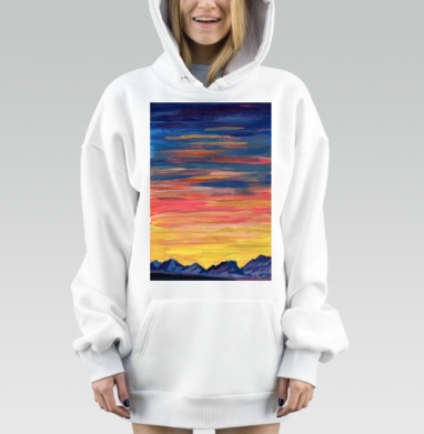 Закат над Кавказским хребтом с теплыми лучами заходящего солнца, Hoodie Mjhigh Dig, оверсайз, утепленная