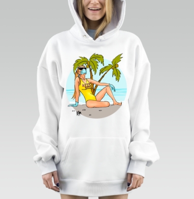 Девушка в маске на пляже желтый купальник на песке, Hoodie Mjhigh Dig, оверсайз, утепленная