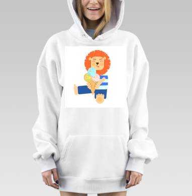 Довольный лев в тельняшке ест мороженое яркий летний отдых, Hoodie Mjhigh Dig, оверсайз, утепленная