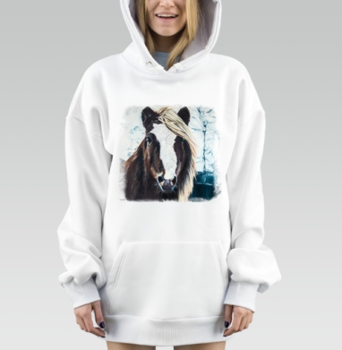 Коричневая лошадь с белой гривой зимний пейзаж, Hoodie Mjhigh Dig, оверсайз, утепленная