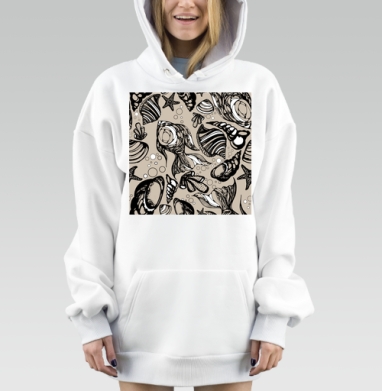 Коллекция морских ракушек бежевые черные узоры, Hoodie Mjhigh Dig, оверсайз, утепленная
