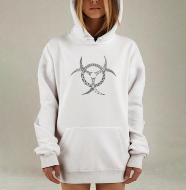 Чёрный символ биологической опасности на белом фоне, Hoodie Mjhigh Dig, оверсайз, утепленная