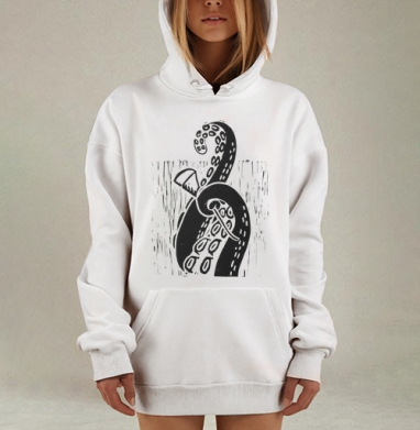 Щупальце осьминога с штихелем в стиле линогравюры на белом фоне, Hoodie Mjhigh Dig, оверсайз, утепленная