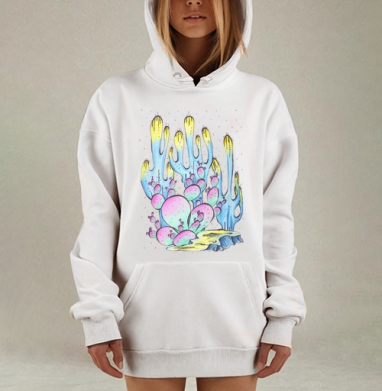 Нежные радужные кактусы пастельных тонов на белом фоне, Hoodie Mjhigh Dig, оверсайз, утепленная