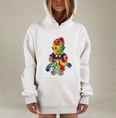 Веселый радужный осьминог в мультяшном стиле на белом фоне, Hoodie Mjhigh Dig, оверсайз, утепленная