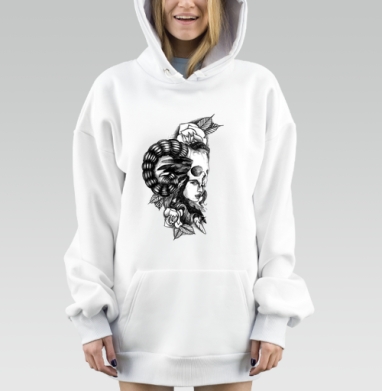 Женское Лицо С Черепом И Рогами Жеткий Контраст, Hoodie Mjhigh Dig, оверсайз, утепленная