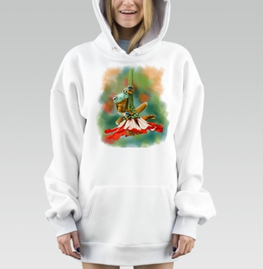 Зеленая тропическая лягушка на красном цветке, Hoodie Mjhigh Dig, оверсайз, утепленная