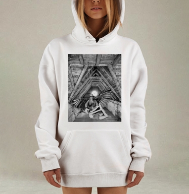Мужчина с крыльями и женщина в растяжке на чердаке, Hoodie Mjhigh Dig, оверсайз, утепленная