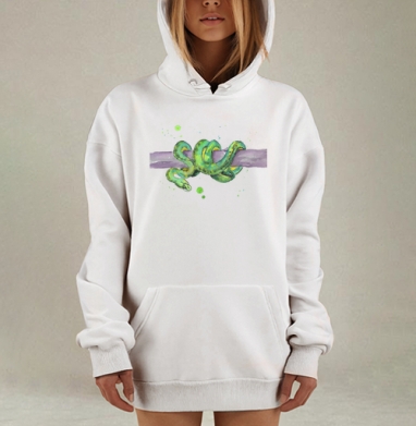 Зелёный древесный питон на ветке акварель, Hoodie Mjhigh Dig, оверсайз, утепленная
