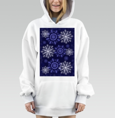 Уникальные снежинки в зимней синей ночи неповторимой красоты, Hoodie Mjhigh Dig, оверсайз, утепленная