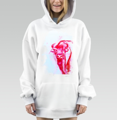 Красный зубр на белом фоне красный бык на сером фоне, Hoodie Mjhigh Dig, оверсайз, утепленная