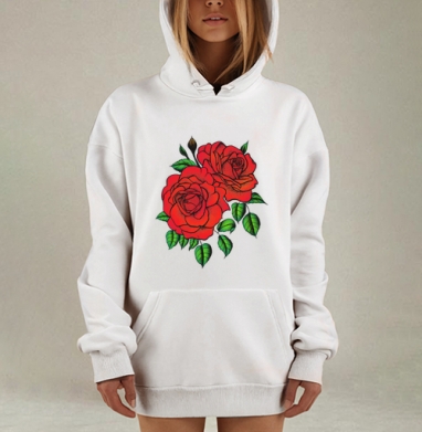 Красные розы с зелеными листьями в ярком сочетании, Hoodie Mjhigh Dig, оверсайз, утепленная