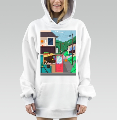 Тихий городской прилавок с задумчивой продавщицей на фоне зелени, Hoodie Mjhigh Dig, оверсайз, утепленная