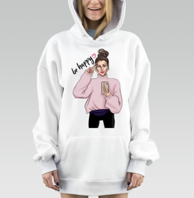 Розовая девушка с телефоном делая селфи be happy, Hoodie Mjhigh Dig, оверсайз, утепленная