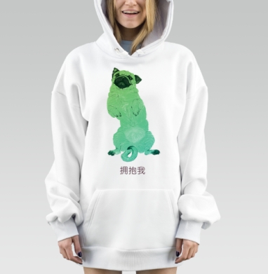 Мопс зелёный приглашение обнять на сером фоне, Hoodie Mjhigh Dig, оверсайз, утепленная