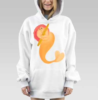 Милая русалка с французским багетом на нежном фоне, Hoodie Mjhigh Dig, оверсайз, утепленная