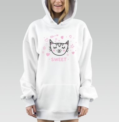 Кот с розовыми щечками милый и нежный SWEET, Hoodie Mjhigh Dig, оверсайз, утепленная