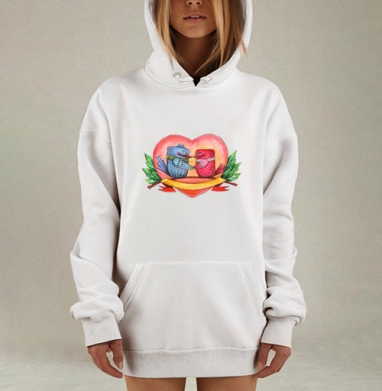 Романтичные птицы в нежном объятии у сердца, Hoodie Mjhigh Dig, оверсайз, утепленная