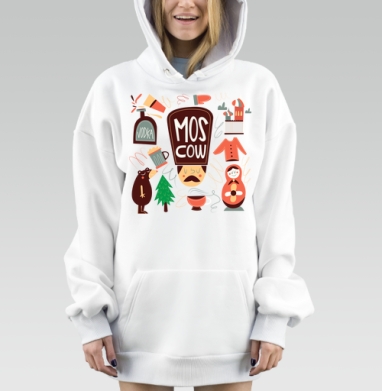 Яркий коллаж символов Москвы и русских традиций, Hoodie Mjhigh Dig, оверсайз, утепленная