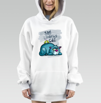 Грустный синий кот с поющими зелёными птичками, Hoodie Mjhigh Dig, оверсайз, утепленная