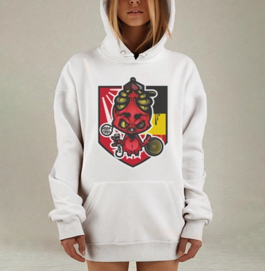 Агрессивный красный чертёнок — символ уличной культуры, Hoodie Mjhigh Dig, оверсайз, утепленная