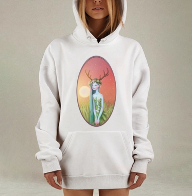 Волшебная лесная нимфа с венком и рогами, Hoodie Mjhigh Dig, оверсайз, утепленная