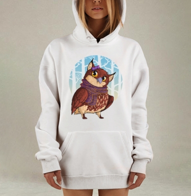 Мультяшная сова в шарфе и бантике — уют и милота, Hoodie Mjhigh Dig, оверсайз, утепленная