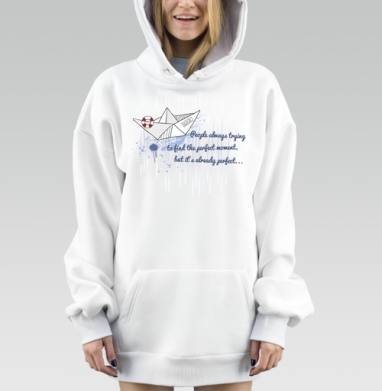 Стильный рисунок с бумажным корабликом и цитатой о жизни, Hoodie Mjhigh Dig, оверсайз, утепленная