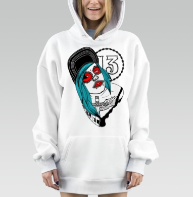 Стилизация Дня мертвых с уличным духом и символикой 13, Hoodie Mjhigh Dig, оверсайз, утепленная