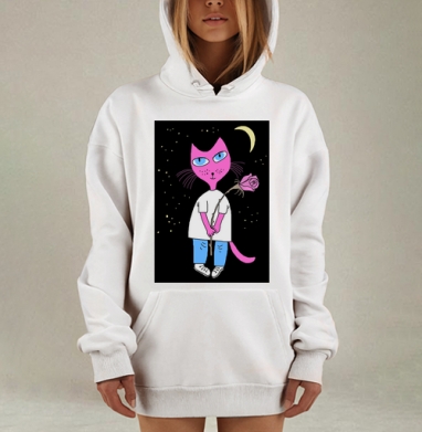 Розовый кот с увядшей розой в ночи, Hoodie Mjhigh Dig, оверсайз, утепленная