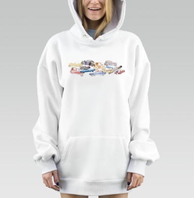 Коллаж «Автомобильная колонна» из реди-мейд материалов, Hoodie Mjhigh Dig, оверсайз, утепленная