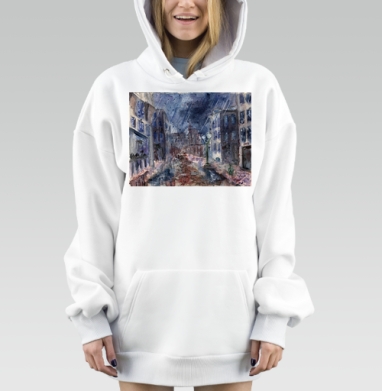 Дождливая ночь старый город акварелью, Hoodie Mjhigh Dig, оверсайз, утепленная