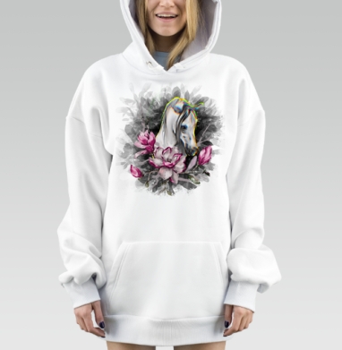 Белая лошадь с пурпурной магнолией для свободных духом, Hoodie Mjhigh Dig, оверсайз, утепленная