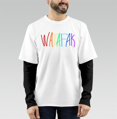 Яркая радужная надпись Watafak на сером фоне привлекает внимание, Футболка мужская лонгслив OneOne