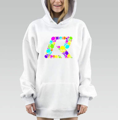 Яркая буква R из цветных черепов на черном фоне, Hoodie Mjhigh Dig, оверсайз, утепленная