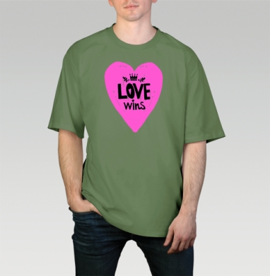 LOVE wins яркое розовое сердце с короной, Футболка мужская оверсайз оливковая
